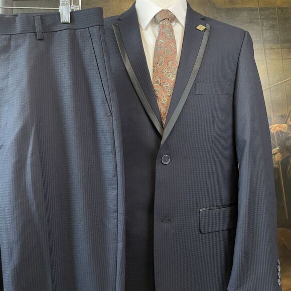 Stacy‎ Adams Gold 40L 33 x 32 2Pc Black Gingham Weave 2Btn Satin Trimmed Suit